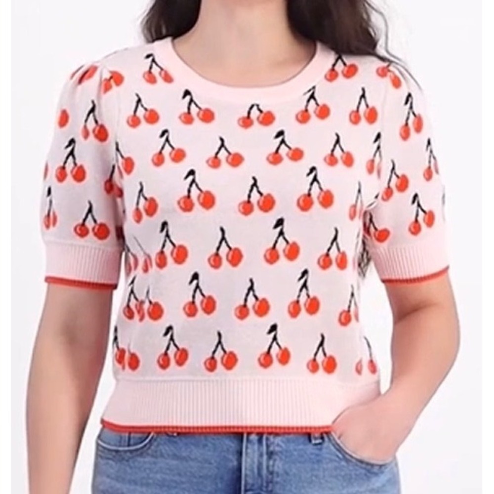 ON-34th Women 1X Pink Red Cherry Print Short‎ Sleeve Puff Sleeve Sweater Top NWT